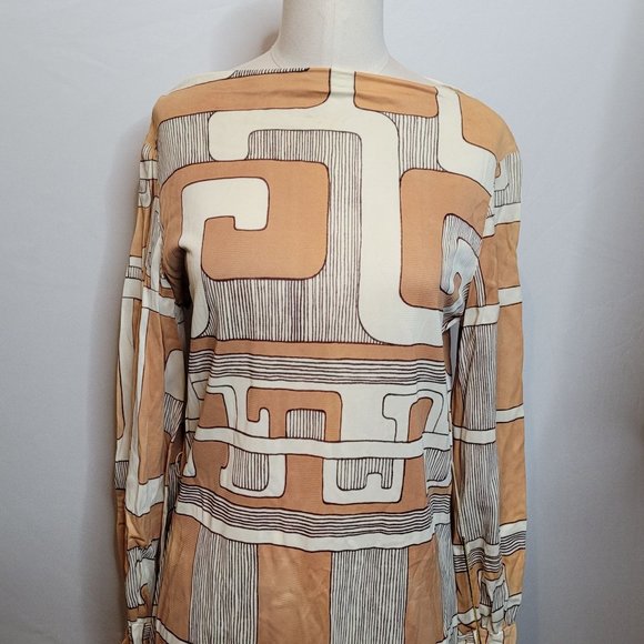 Vintage Dress Acetate Abstract Geometric Tan White Short Long Sleeve Sz 10 Tags - Picture 2 of 13